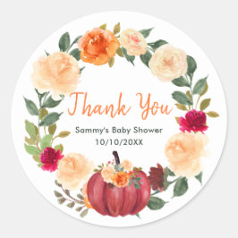 Pegatina Redonda Floral Autumn Pumpkins Baby Shower Gracias