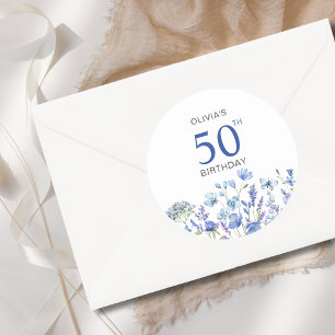 Pegatina Redonda Floral azul 50 cumpleaños