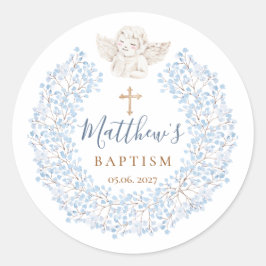 Pegatina Redonda Floral Azul Bebé Ángel Cruz Baptismo