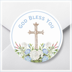 Pegatina Redonda Floral azul Dios te bendiga religiosa