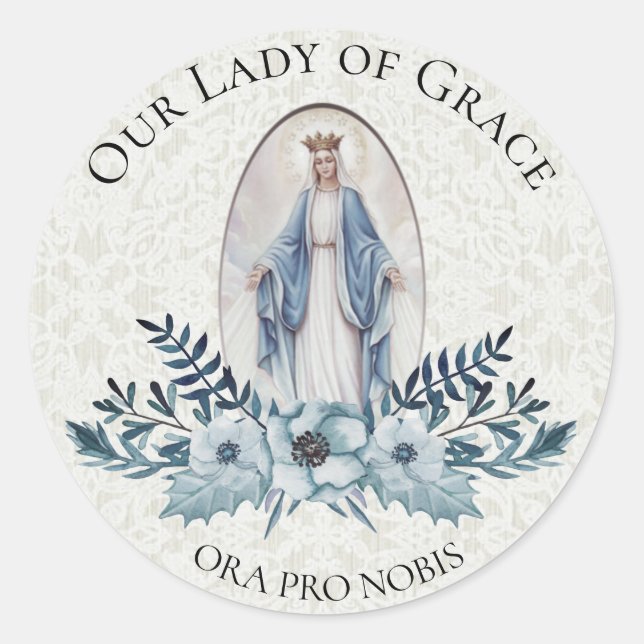 Pegatina Redonda Floral azul |Escritura | Virgen María | Lace (Anverso)