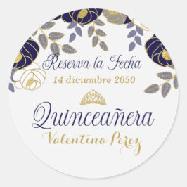 Pegatina Redonda Floral azul español Quinceanera Reserva la fecha