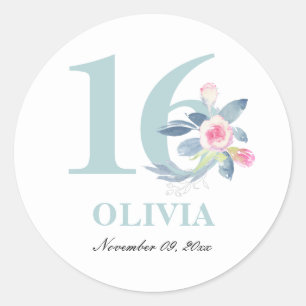 PEGATINA REDONDA FLORAL AZUL RUBOR DE AQUÍ SUAVE 16 AÑOS CUALQUIER 