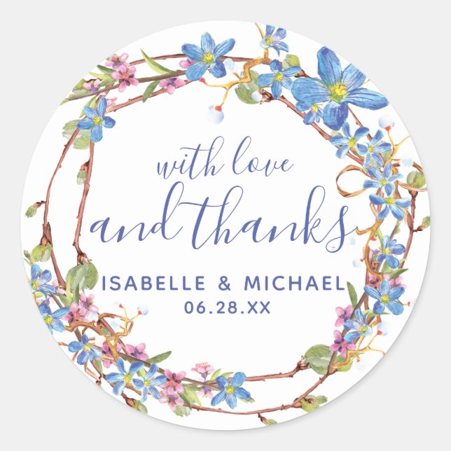 Pegatina Redonda Floral Azul Rústico Boda Grapevine Gracias (Anverso)