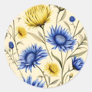 Pegatina Redonda Floral azul y amarillo elegante