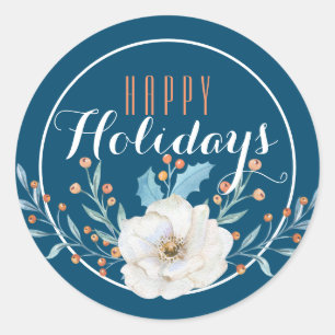 Pegatina Redonda Floral azul y blanca feliz festividad / azul