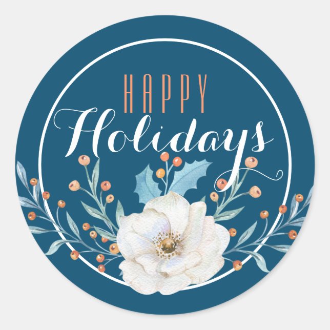 Pegatina Redonda Floral azul y blanca feliz festividad / azul (Anverso)