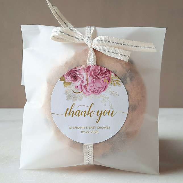 Pegatina Redonda Floral Baby Shower Pink Gold Gracias (Subido por el creador)
