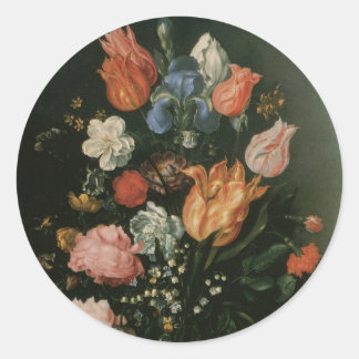 Pegatina Redonda Floral Barroco Antiguo, Jarrón de Flores en una Ho