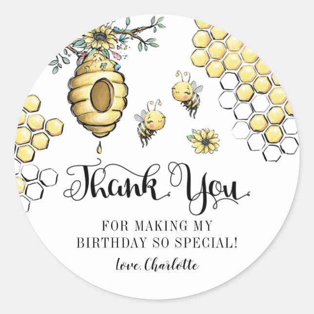 Pegatina Redonda Floral Beehive Honey Sweet Aee Birthday Gracias (Anverso)