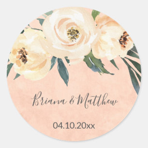 Pegatina Redonda Floral Beige Rubor Peach Wedding Favor Classic