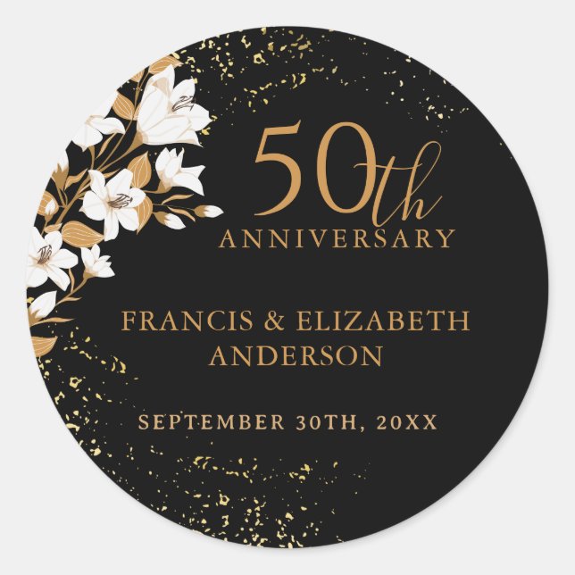 Pegatina Redonda Floral Black Gold 50° aniversario Boda (Anverso)