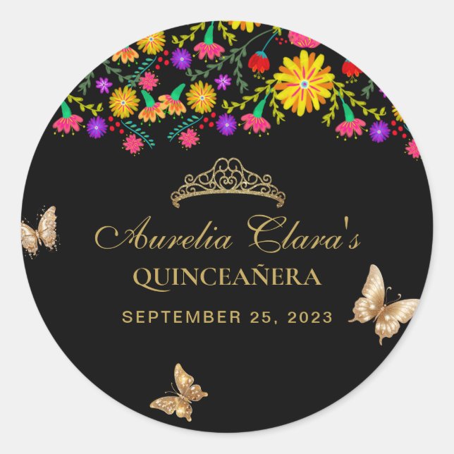 Pegatina Redonda Floral Black Gold Tiara Butterfly Mis Quinceañera (Anverso)