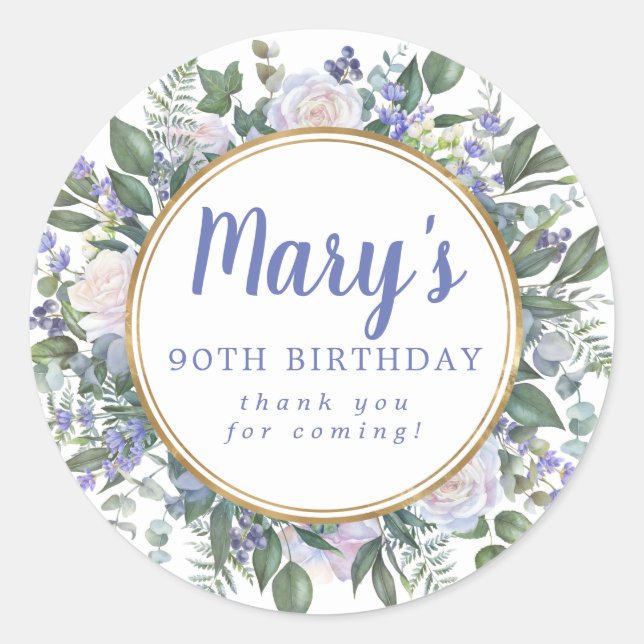 Pegatina Redonda Floral blanca azul 90 cumpleaños Gracias (Anverso)