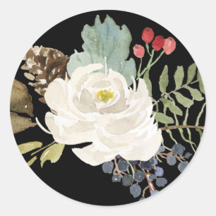 Pegatina Redonda Floral blanca de invierno con bayas