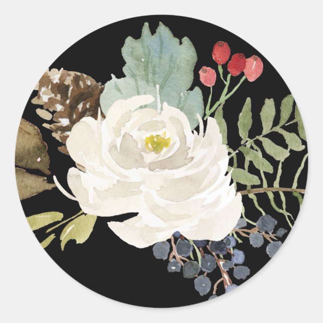 Pegatina Redonda Floral blanca de invierno con bayas (Anverso)