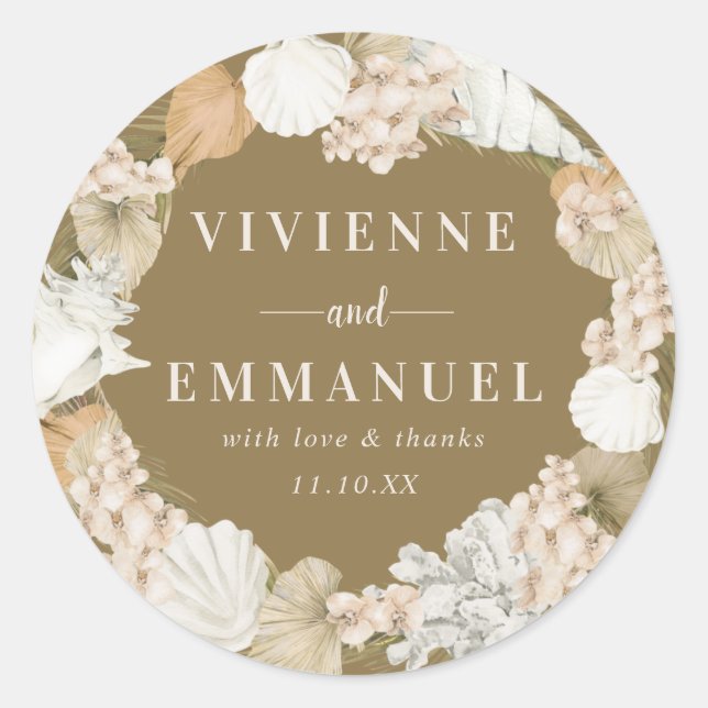 Pegatina Redonda Floral blanca de palma tropical Gracias Por Favore (Anverso)