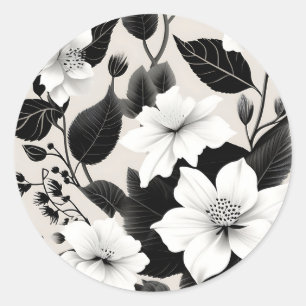 Pegatina Redonda Floral blanca y negra contemporánea