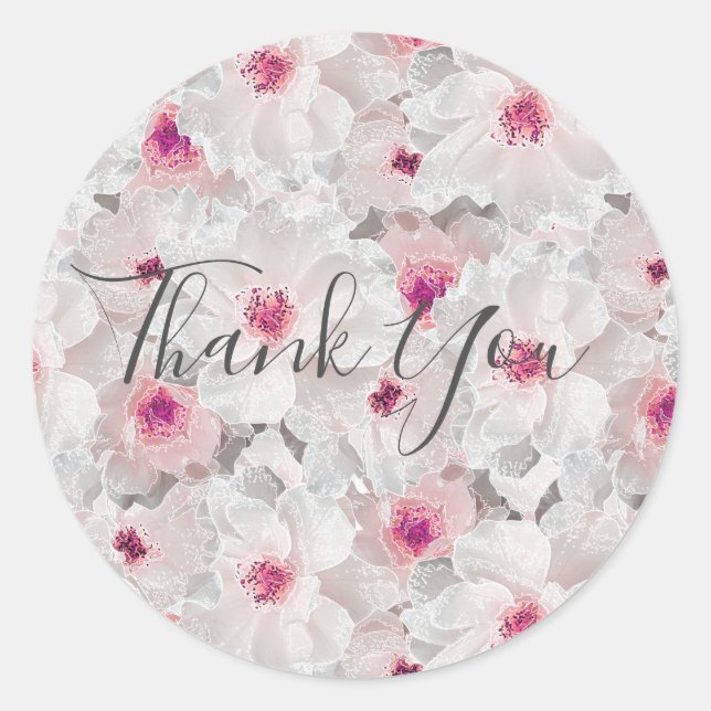 Pegatina Redonda Floral blanca y rosa delgada (Anverso)