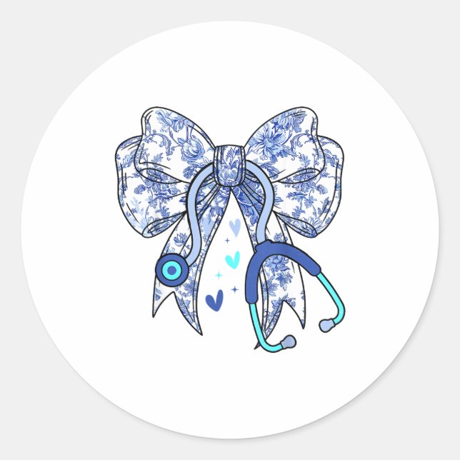 Pegatina Redonda Floral Blue Coquette Bow Nurse Stethoscope Medical (Anverso)