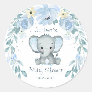Pegatina Redonda Floral Blue Elephant Baby Shower