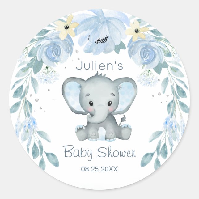 Pegatina Redonda Floral Blue Elephant Baby Shower (Anverso)