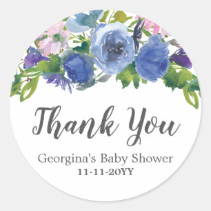 Pegatina Redonda Floral Blue Purple Pink Gracias Baby Shower