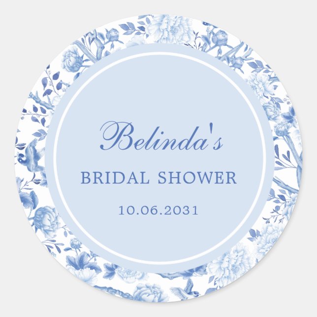 Pegatina Redonda Floral Blue White Chinoiserie Floral Bridal Shower (Anverso)