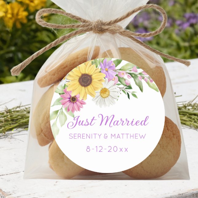 Pegatina Redonda Floral Boho Sunflower Daisy Wedding Just Married (Subido por el creador)
