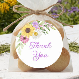 Pegatina Redonda Floral Boho Sunflower Daisy Wedding Thank You