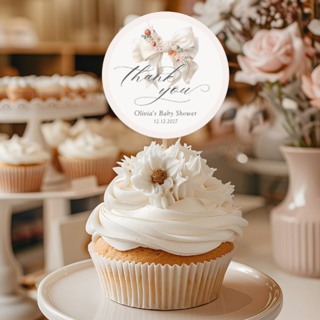Pegatina Redonda Floral Bow Elegant Baby Shower Gracias (Subido por el creador)