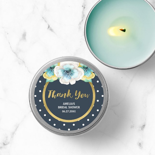 Pegatina Redonda Floral Bridal Shower, Blue and Faux Gold Gracias (Subido por el creador)