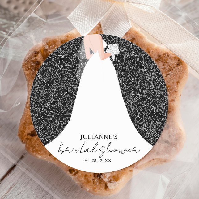 Pegatina Redonda Floral Bridal Shower Boda Gown Black (Subido por el creador)