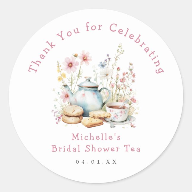 Pegatina Redonda Floral Bridal Shower Tea Fiesta (Anverso)
