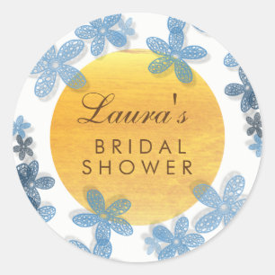 Pegatina Redonda Floral Bridal Shower Watercolor Azul