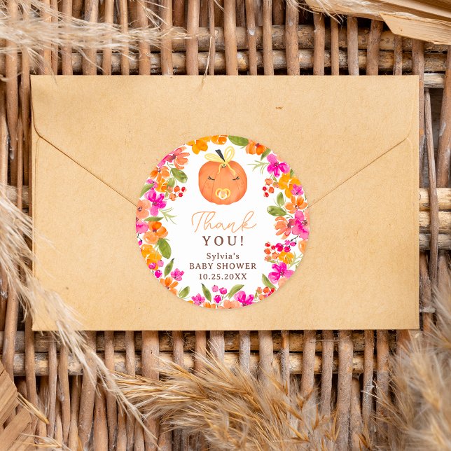 Pegatina Redonda Floral Caída lindo calabaza pequeña ducha bebé (Floral Fall cute little pumpkin baby shower Classic Round Sticker)