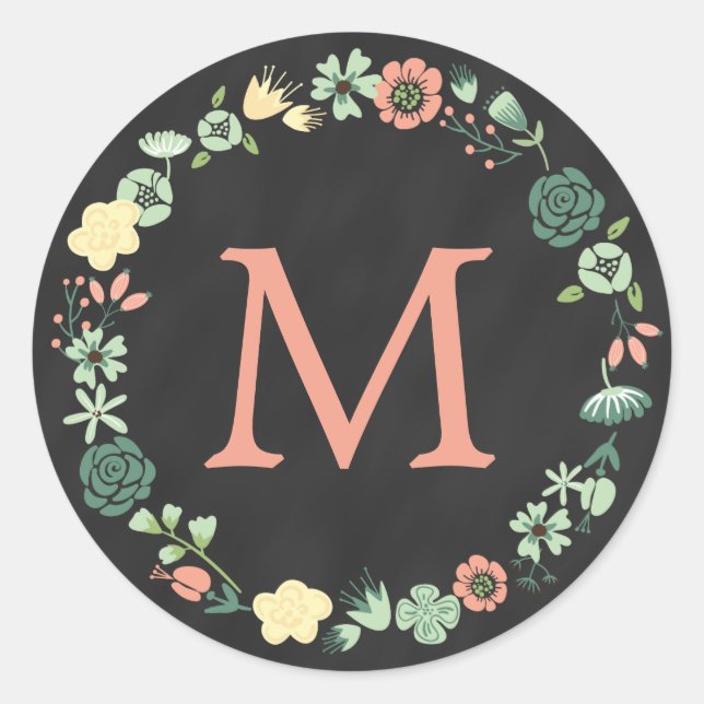 PEGATINA REDONDA FLORAL CHALKBOARD MONOGRAM (Anverso)