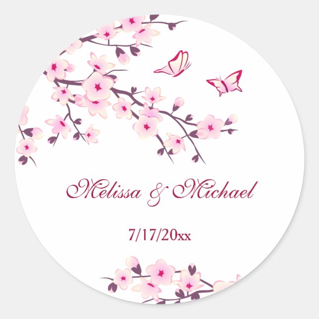 Pegatina Redonda Floral Cherry Blossoms Pink White | Custom Wedding (Anverso)