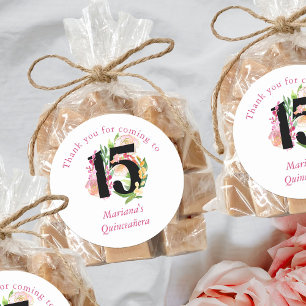 Pegatina Redonda Floral Chic Número 15 Quinceañera Rosa y Dorado