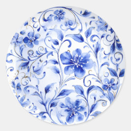 Pegatina Redonda Floral Chinoiserie azul y blanca