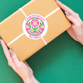 Pegatina Redonda Floral Congrats – Personalized & Fun!