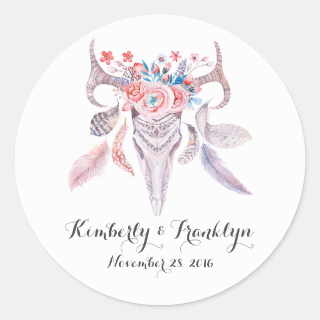 Pegatina Redonda floral cráneo boho vintage boda (Anverso)