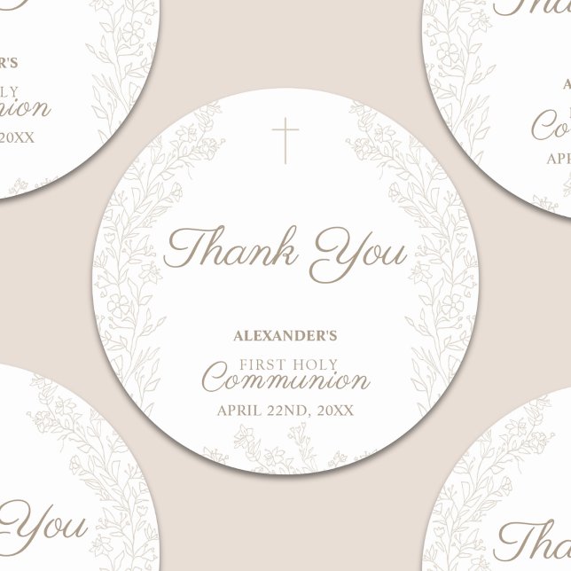 Pegatina Redonda Floral Cross First Holy Communion Thank You (Subido por el creador)
