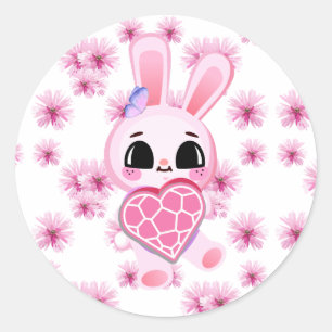 Pegatina Redonda Floral cute pink rabbit easter