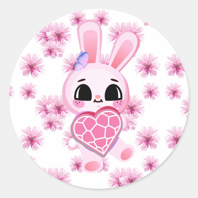 Pegatina Redonda Floral cute pink rabbit easter (Anverso)