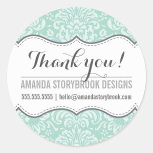 Pegatina Redonda FLORAL DAMASK PATTERN menta vintage de moda gris