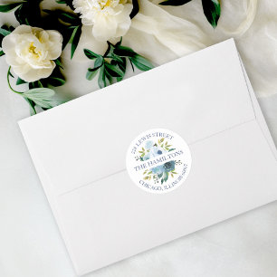 Pegatina Redonda Floral de Acuarela Azul Polvoriento para Dirección