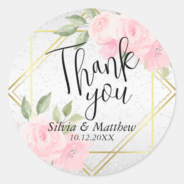 Pegatina Redonda Floral de acuarela rosa y brillo blanco (Anverso)