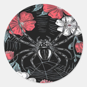 Pegatina Redonda Floral de araña romántica oscura