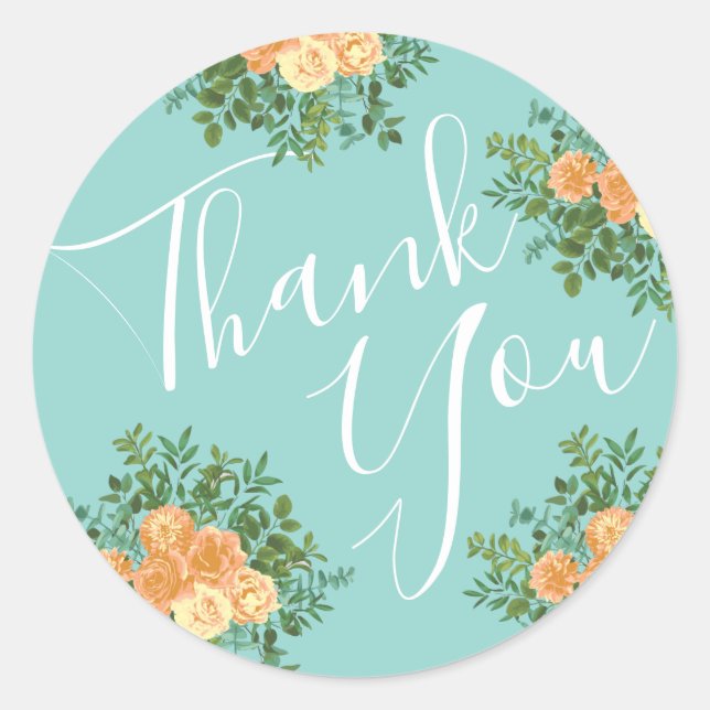 Pegatina Redonda Floral de Bodas Verde azulados de Peach Aqua (Anverso)